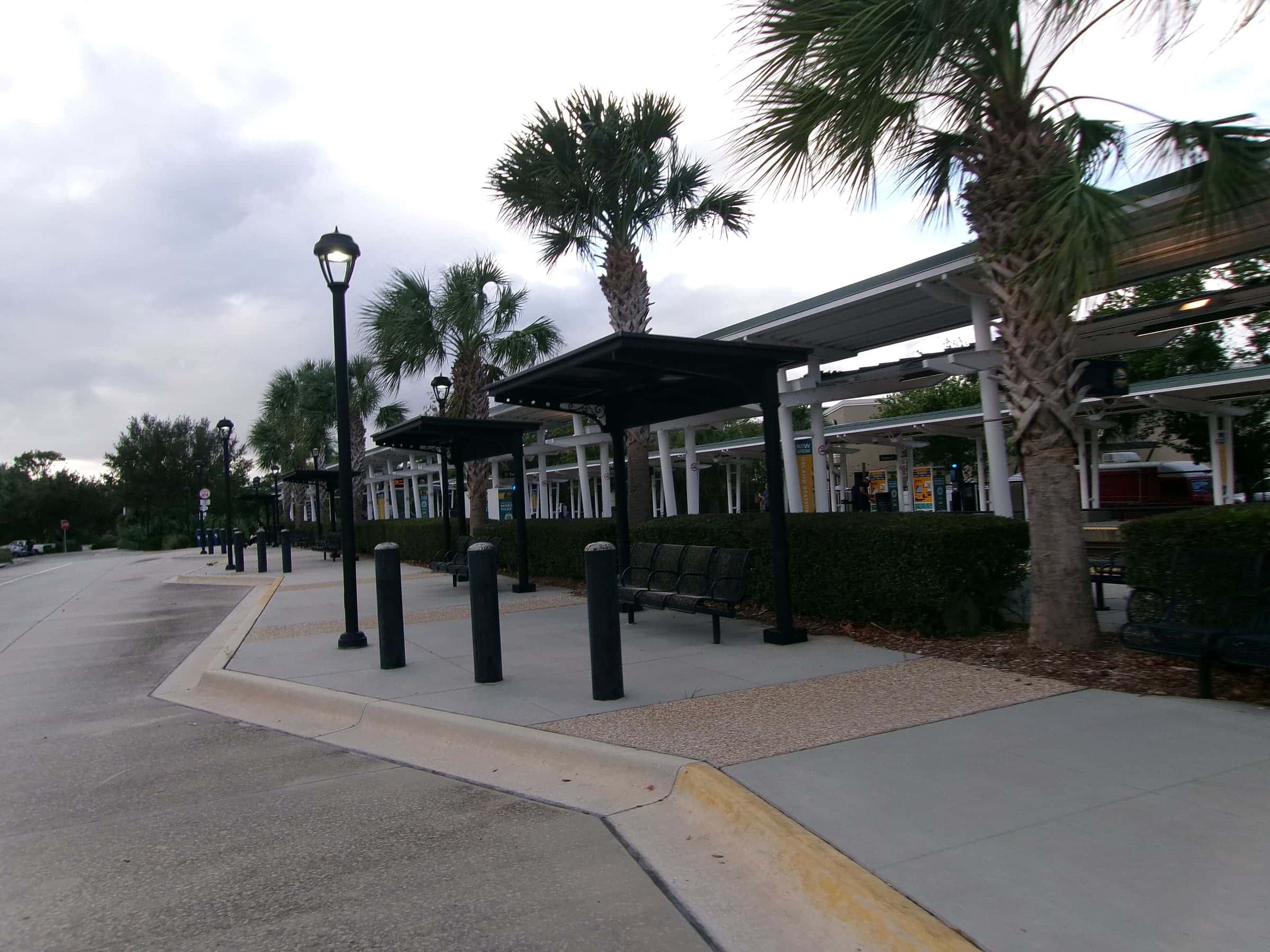 Palm-lined platform at the Lake Mary SunRail commuter station