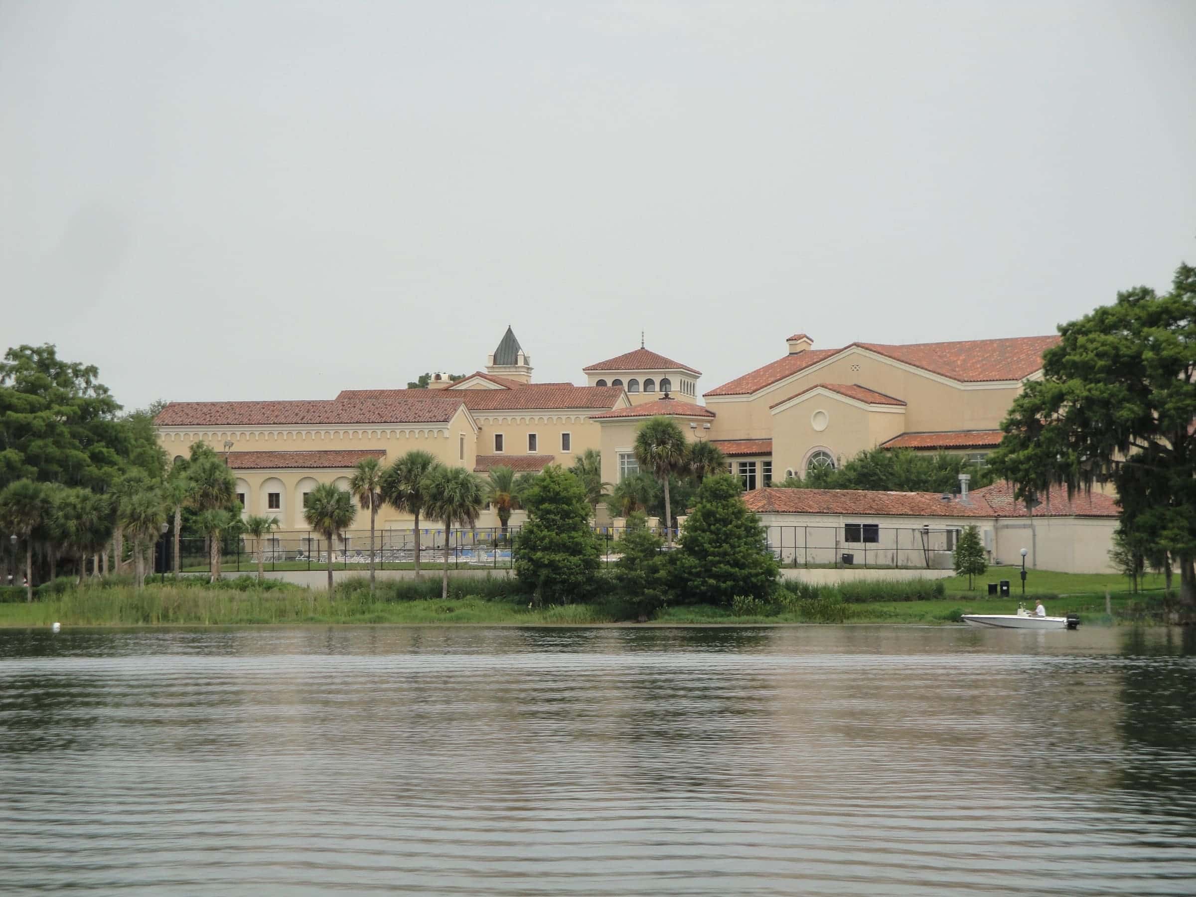 Rollins College’s Mediterranean-style buildings seen across Lake Virginia in Winter Park